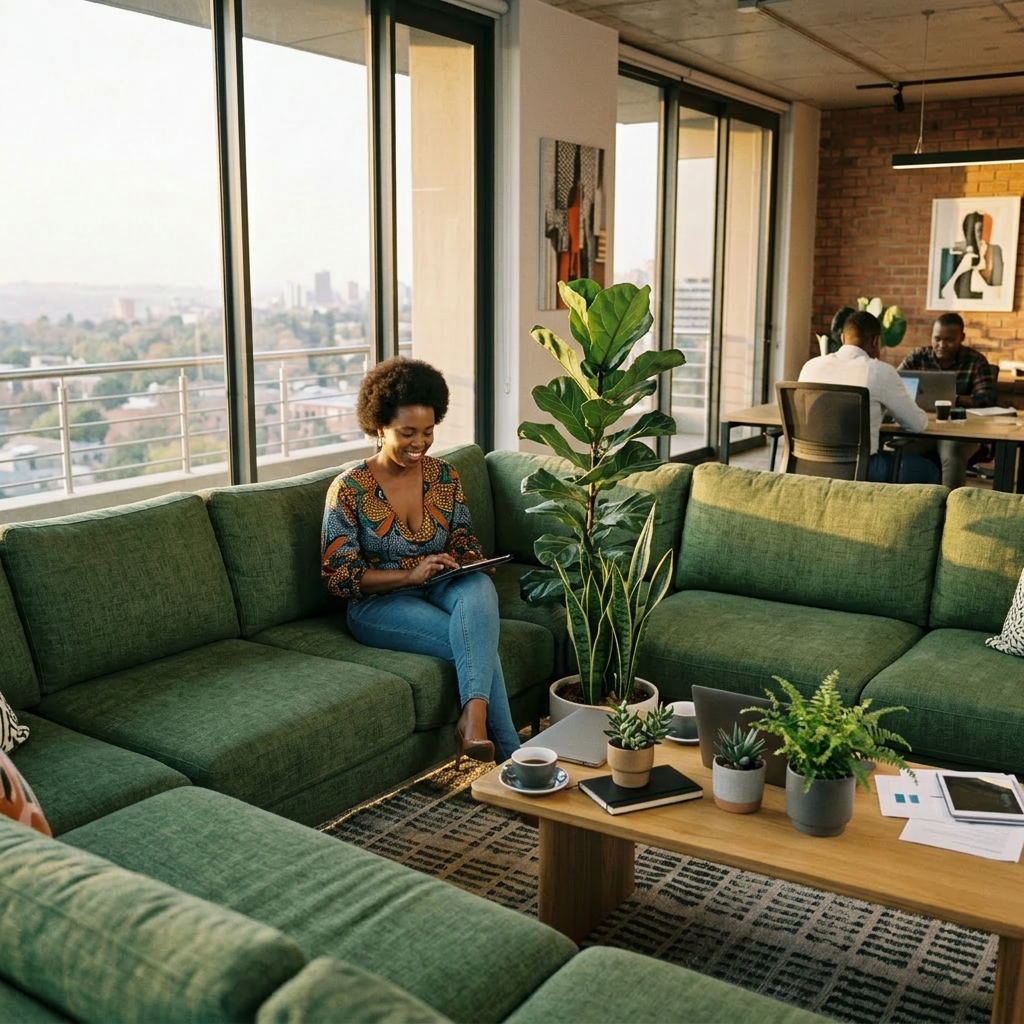 Four people sitting on green couches having a meeting with laptops and notebooks