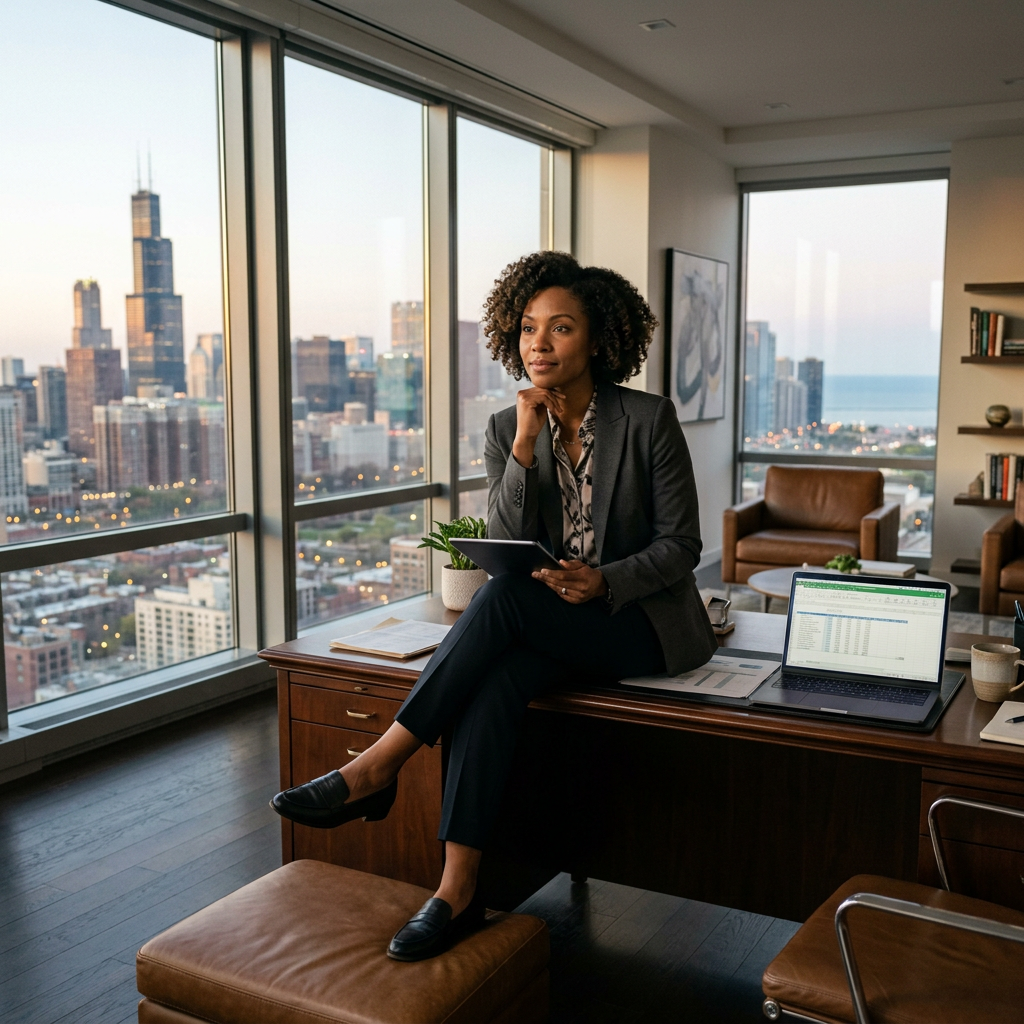 Professional in high-rise city office Woman sitting on office desk holding tablet with city skyline through large windows