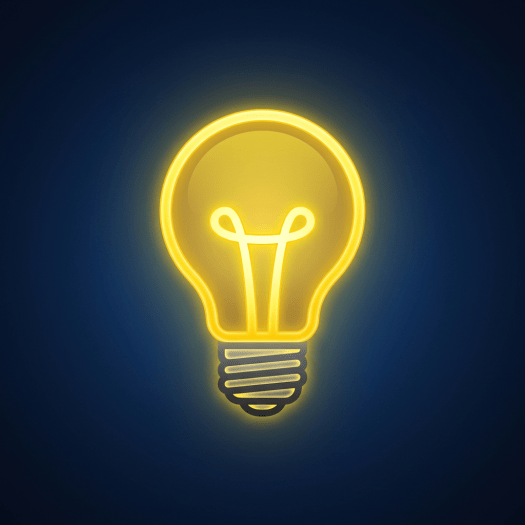 Glowing yellow neon light bulb on dark blue background