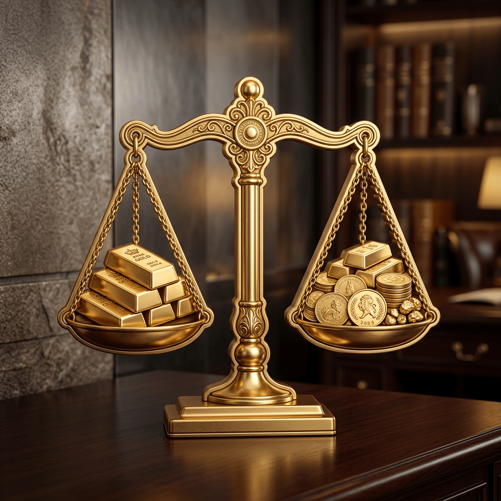 A golden scale with gold bars on one side and gold coins on the other