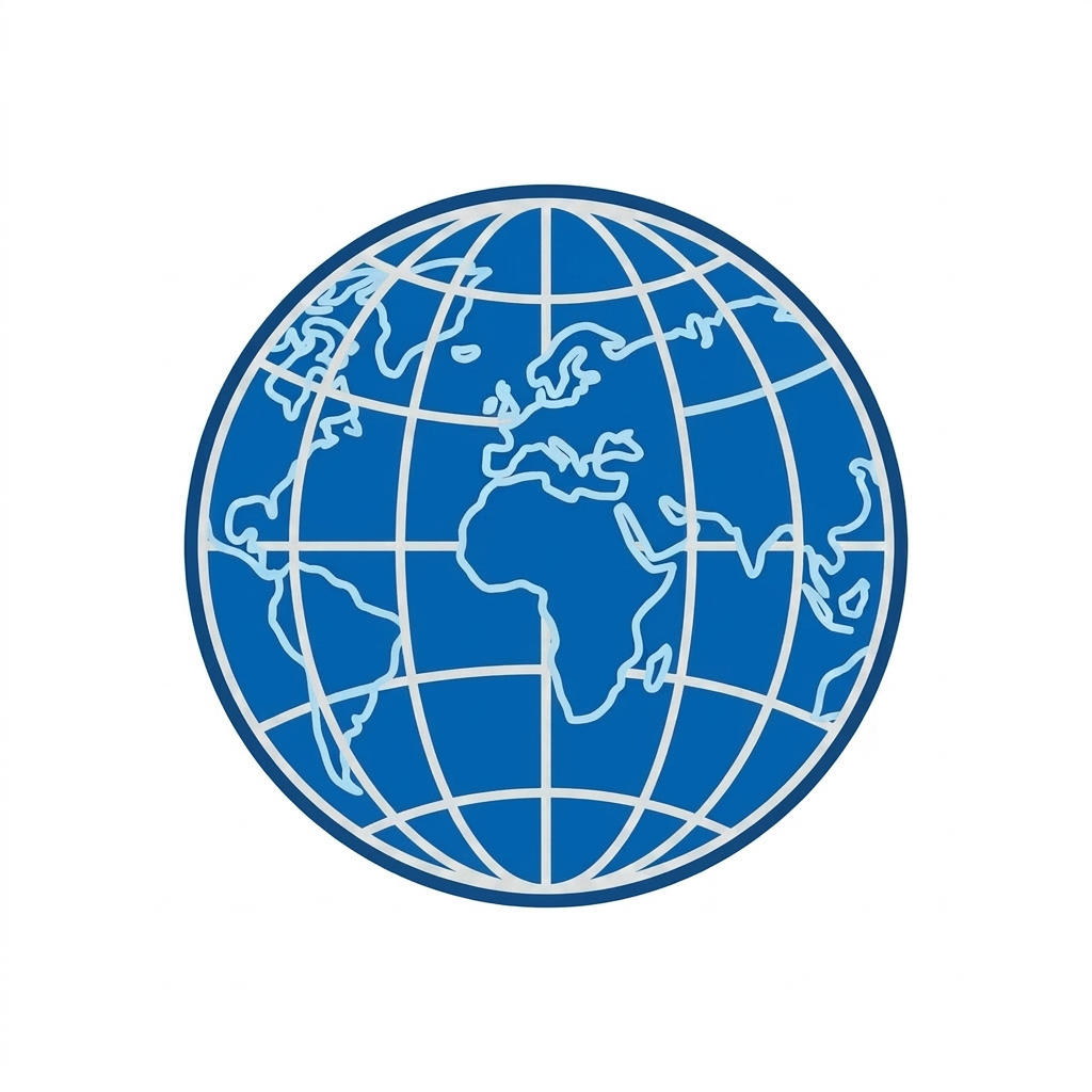 Blue globe icon with world continents Blue globe icon showing simplified continents and grid lines